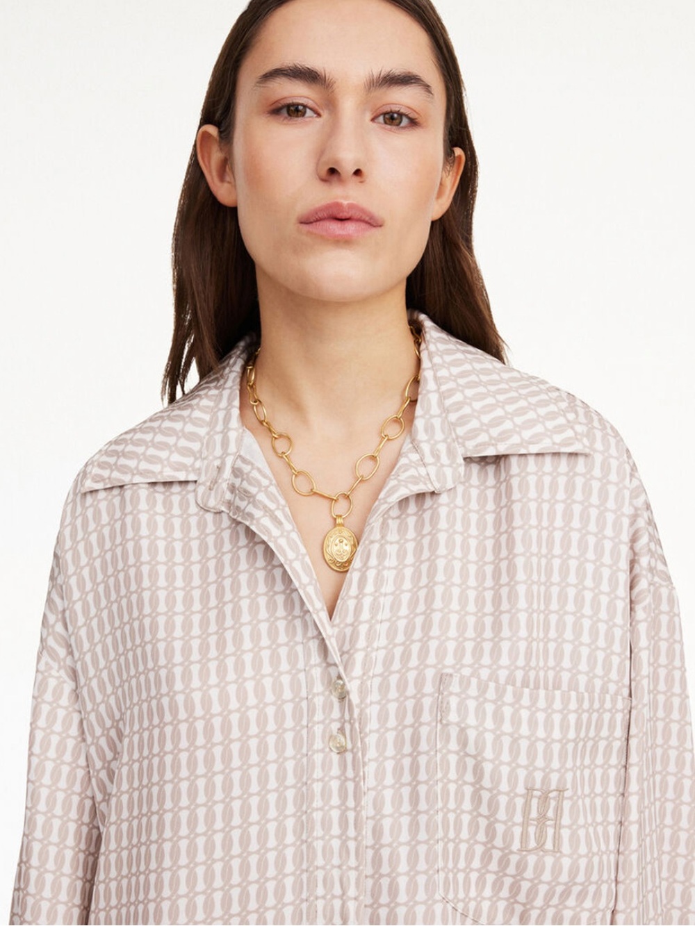 Brand New By Malene Birger Maye Monogram Beige Button-Front Tunic Shirt - Picture 3 of 10